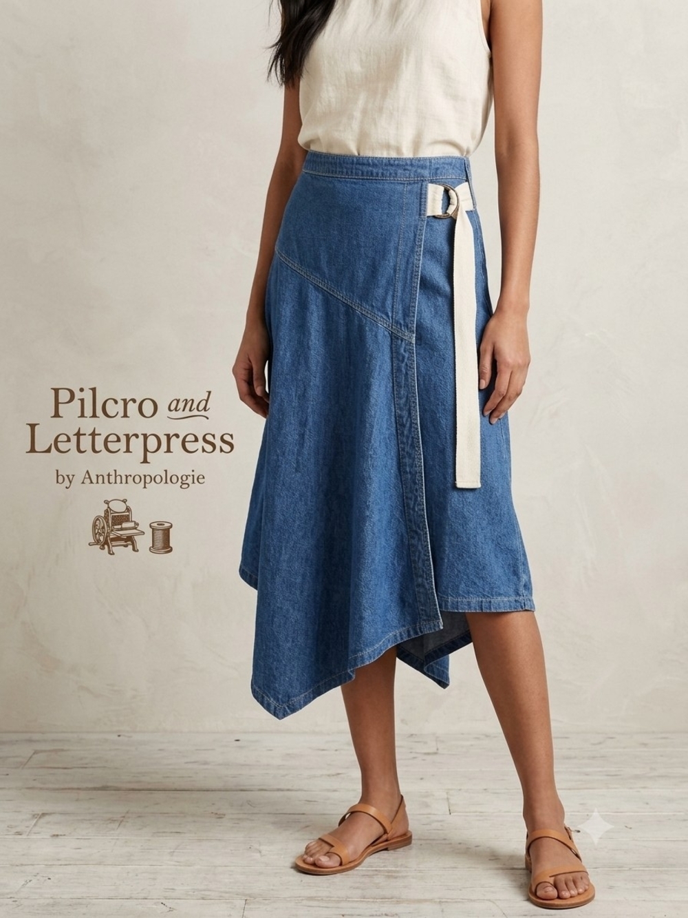 Anthropologie Blue Denim Asymmetrical Wrap Skirt with Cream Tie
